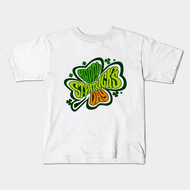 Happy Saint Patrick's Day Four Leaf Clovers Art Kids T-Shirt by PixelGrafiks